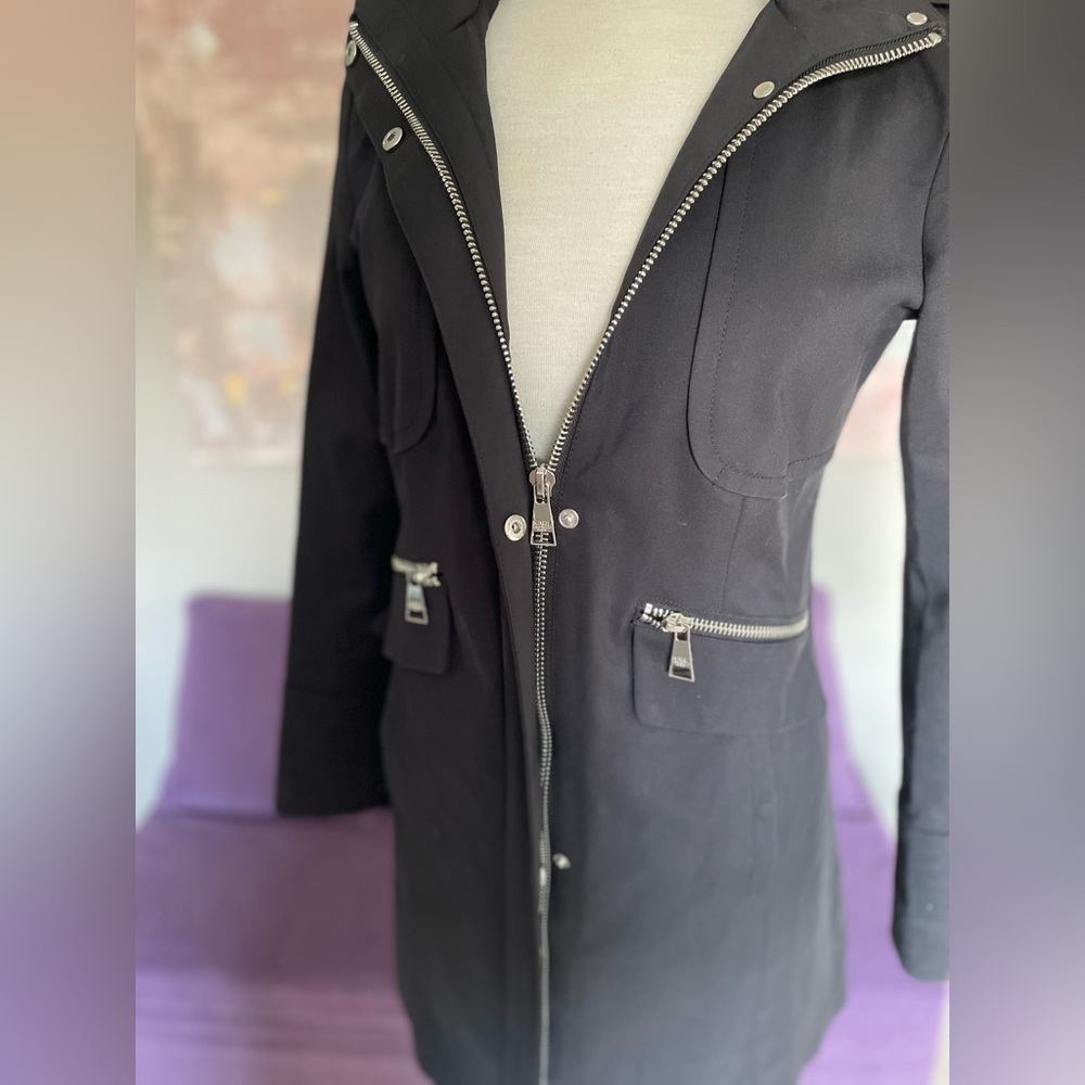Karl Lagerfeld Paris black trench coat, removable hood & silver hardware size XS - Picture 9 of 17